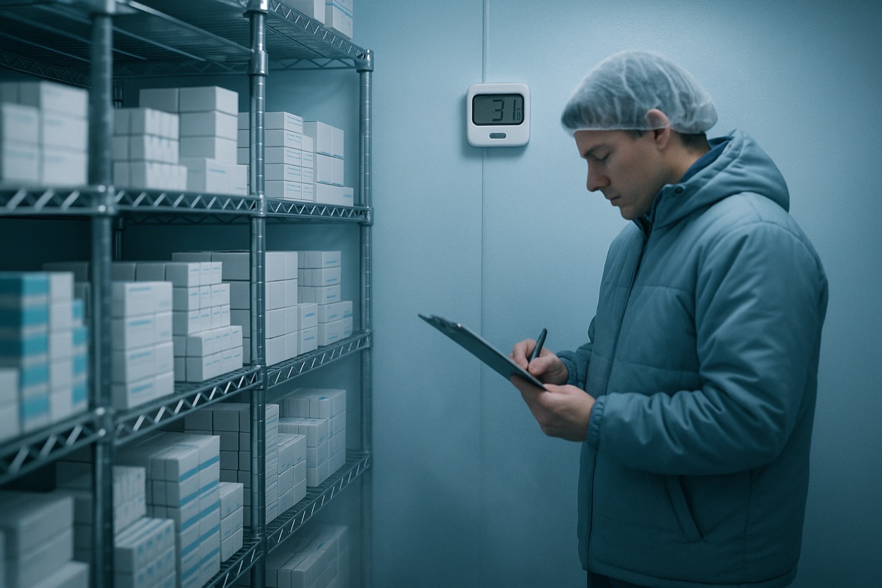 Refrigerated pharmaceuticals packed for cold-chain shipment in a distribution center